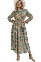 Load image into Gallery viewer, Green Pleated Long Sleeve Maxi Floral Dress With Tie
