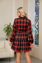 Load image into Gallery viewer, Plaid Print Tie Waist Collared Neck Shirt Dress
