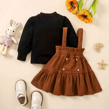 Load image into Gallery viewer, Puff Sleeve Round Neck Top and Buttoned Overall Dress Set
