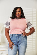 Load image into Gallery viewer, Double Take Leopard Lace Trim Ribbed Round Neck Top
