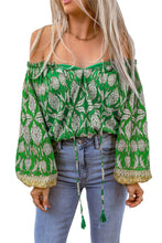 Load image into Gallery viewer, Green Floral Print Tassel Tie Off Shoulder Blouse
