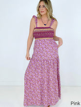 Load image into Gallery viewer, Pink Shirred Ruffled Sleeveless Floral Maxi Dress
