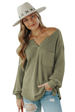 Load image into Gallery viewer, Green Waffle Knit Split Neck Pocketed Loose Top

