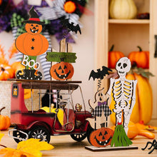 Load image into Gallery viewer, Wooden Halloween Skull Pumpkin Spring Bat Ornament
