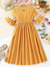 Load image into Gallery viewer, Lace Waistband Embroidery Round Neck Flounce Sleeve Dress
