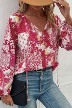 Load image into Gallery viewer, Patchwork Buttoned Tie-Neck Balloon Sleeve Blouse
