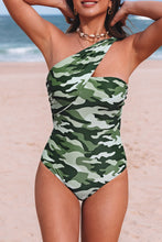 Load image into Gallery viewer, Green Asymmetric One Shoulder Camouflage One-Piece Swimwear
