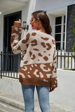Load image into Gallery viewer, Leopard Ribbed Trim Dropped Shoulder Sweater

