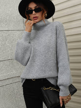 Load image into Gallery viewer, Woven Right High Neck Balloon Sleeve Rib-Knit Pullover Sweater
