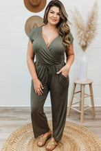 Load image into Gallery viewer, Green Drawstring Straight Leg Wrap V Neck Plus Size Jumpsuit
