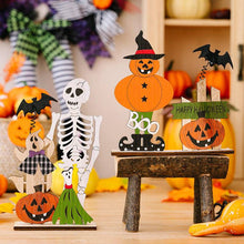 Load image into Gallery viewer, Wooden Halloween Skull Pumpkin Spring Bat Ornament
