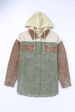Load image into Gallery viewer, Green Color Block Button Down Hooded Corduroy Jacket
