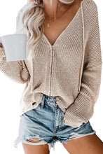 Load image into Gallery viewer, Zipper V-Neck Dropped Sleeve Hooded Solid Sweater
