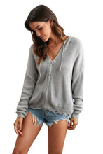 Load image into Gallery viewer, Zipper V-Neck Dropped Sleeve Hooded Solid Sweater
