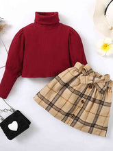 Load image into Gallery viewer, Turtle Neck Long Sleeve Ribbed Top and Plaid Skirt Set
