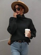 Load image into Gallery viewer, Woven Right High Neck Balloon Sleeve Rib-Knit Pullover Sweater
