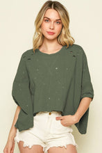 Load image into Gallery viewer, Green Distressed Bleached Asymmetric Hem Short Sleeve Top
