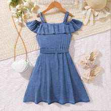 Load image into Gallery viewer, Girls Cold-Shoulder Buttoned Denim Dress
