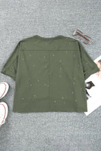 Load image into Gallery viewer, Green Distressed Bleached Asymmetric Hem Short Sleeve Top
