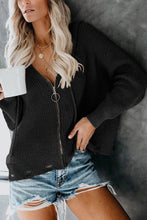 Load image into Gallery viewer, Zipper V-Neck Dropped Sleeve Hooded Solid Sweater
