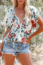 Load image into Gallery viewer, White Floral Print Buttons Tiered Ruffled Short Sleeve Shirt
