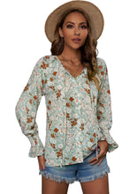 Load image into Gallery viewer, Green Floral Print Tie V Neck Button Up Blouse
