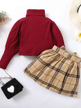 Load image into Gallery viewer, Turtle Neck Long Sleeve Ribbed Top and Plaid Skirt Set
