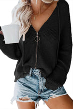 Load image into Gallery viewer, Zipper V-Neck Dropped Sleeve Hooded Solid Sweater
