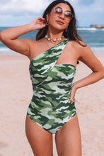 Load image into Gallery viewer, Green Asymmetric One Shoulder Camouflage One-Piece Swimwear
